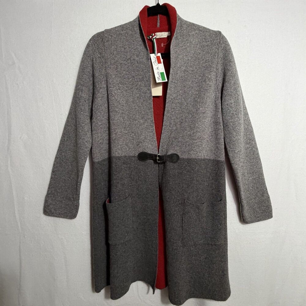 NEW A.IDA Gray Color Block Italian Wool Blend Buckled Long Cardigan Coat Size S